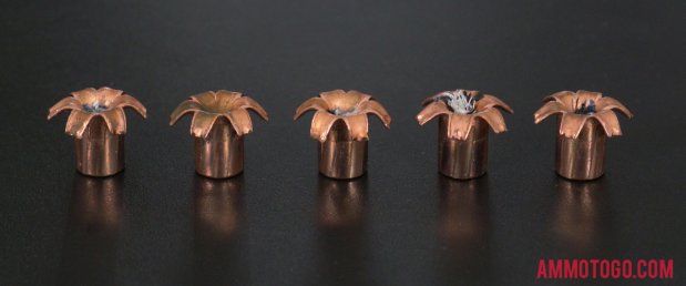 Expanded bullets from fired Black Hills Ammunition 9mm Luger (9x19) 115 Grain Solid Copper Hollow Point (SCHP) ammo