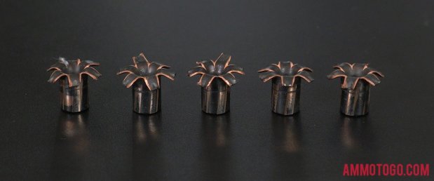Top-down view of expanded Barnes Bullets 9mm Luger (9x19) 115 Grain Solid Copper Hollow Point (SCHP) bullets