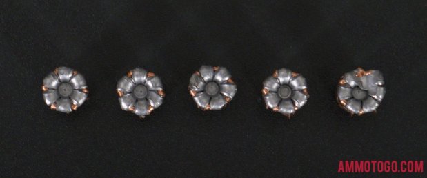 Top-down view of expanded Hornady Ammunition 9mm Luger (9x19) 135 Grain Jacketed Hollow-Point (JHP) bullets