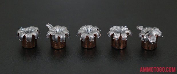 Top-down view of expanded Speer 45 ACP (Auto) 230 Grain Jacketed Hollow-Point (JHP) bullets