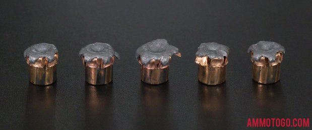 Top-down view of expanded Hornady Ammunition 9mm Luger (9x19) 115 Grain Jacketed Hollow-Point (JHP) bullets