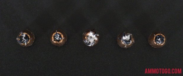 Top-down view of expanded Magtech 9mm Luger (9x19) 147 Grain Jacketed Hollow-Point (JHP) bullets