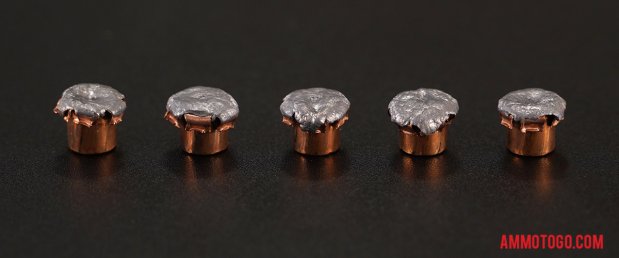 Top-down view of expanded Hornady Ammunition 10mm Auto 155 Grain Jacketed Hollow-Point (JHP) bullets