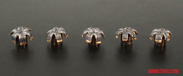 Top-down view of expanded Federal Ammunition 38 Special 130 Grain Jacketed Hollow-Point (JHP) bullets