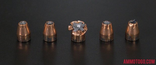 Top-down view of expanded Black Hills Ammunition 380 Auto (ACP) 90 Grain Jacketed Hollow-Point (JHP) bullets