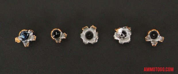 Top-down view of expanded Federal Ammunition 38 Special 110 Grain Jacketed Hollow-Point (JHP) bullets