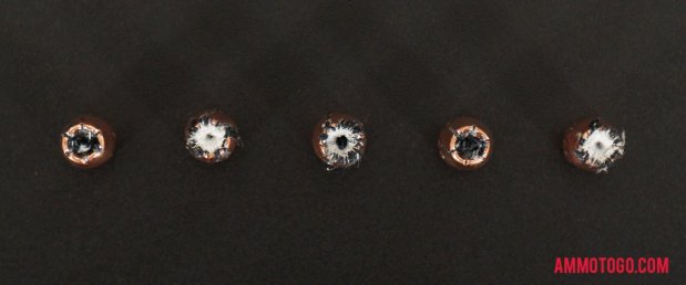 Top-down view of expanded Speer 9mm Luger (9x19) 115 Grain Jacketed Hollow-Point (JHP) bullets