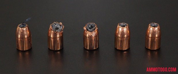 Expanded bullets from fired Black Hills Ammunition 40 Smith & Wesson 180 Grain Jacketed Hollow-Point (JHP) ammo
