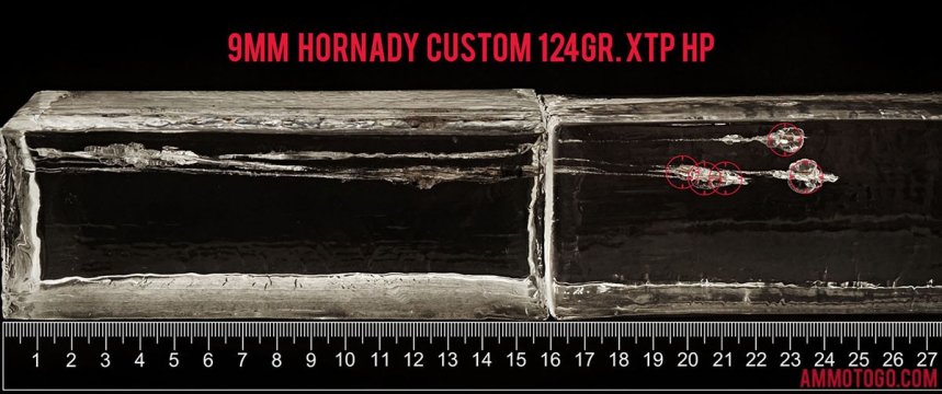 250rds - 9mm Hornady Custom 124gr. XTP HP Ammo fired into ballistic gelatin