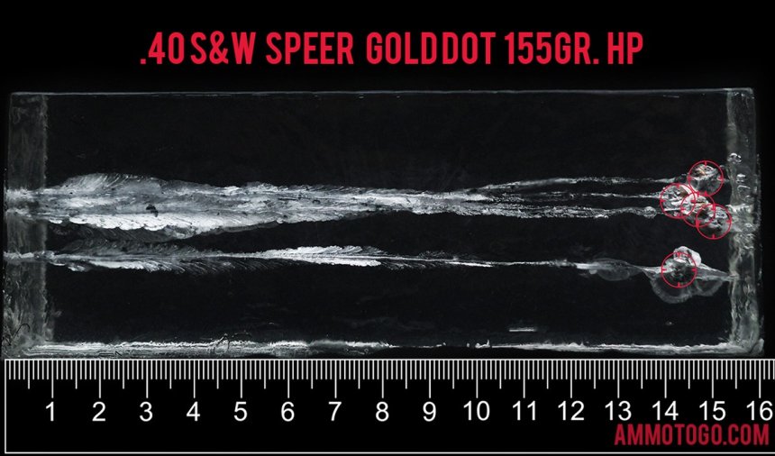 Speer 155 Grain 40 Smith & Wesson ammunition fired into ballistic gelatin
