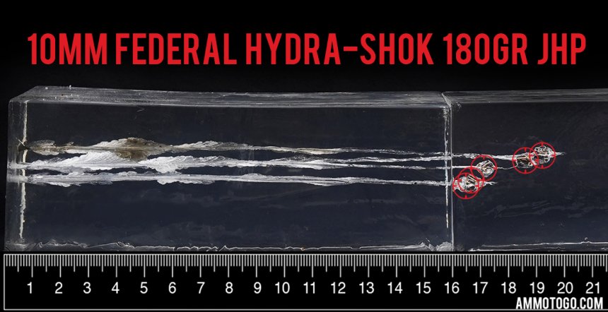 20rds – 10mm Federal Hydra-Shok 180gr. JHP Ammo fired into ballistic gelatin