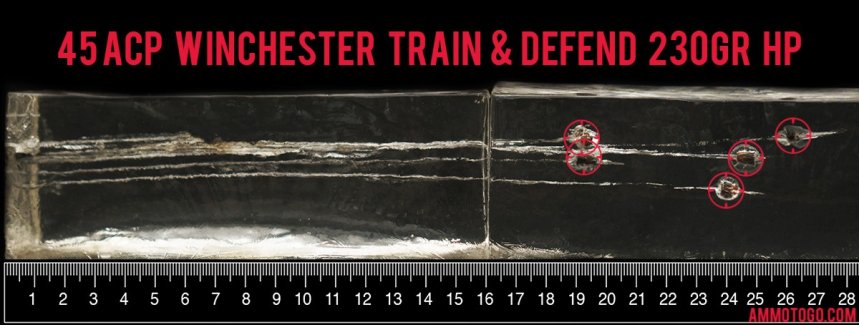 20rds - 45 ACP Winchester W Train & Defend 230gr. JHP Ammo fired into ballistic gelatin