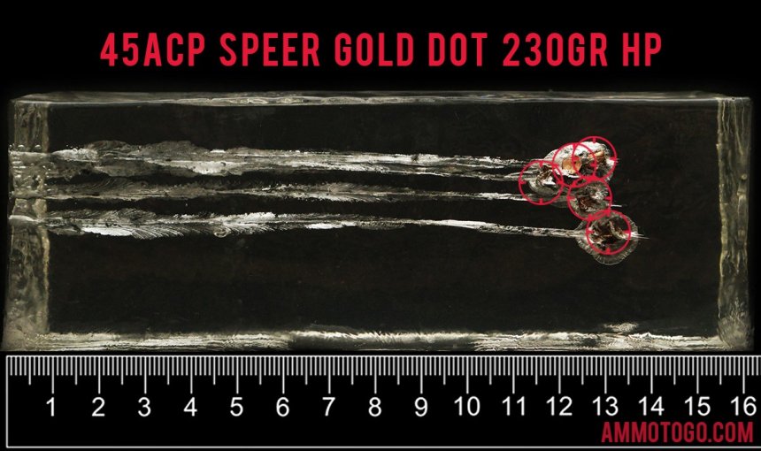 20rds – 45 ACP Speer Gold Dot 230gr. JHP Ammo fired into ballistic gelatin