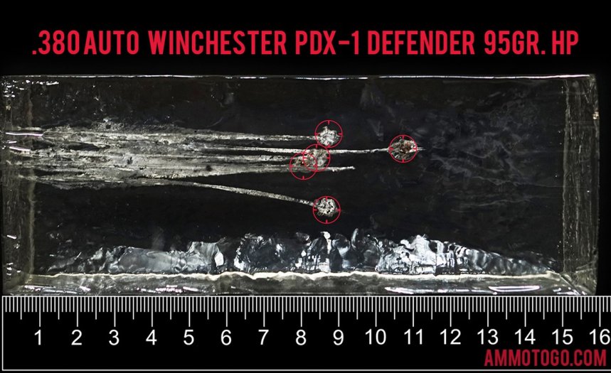 Winchester Ammunition 95 Grain 380 Auto (ACP) ammunition fired into ballistic gelatin