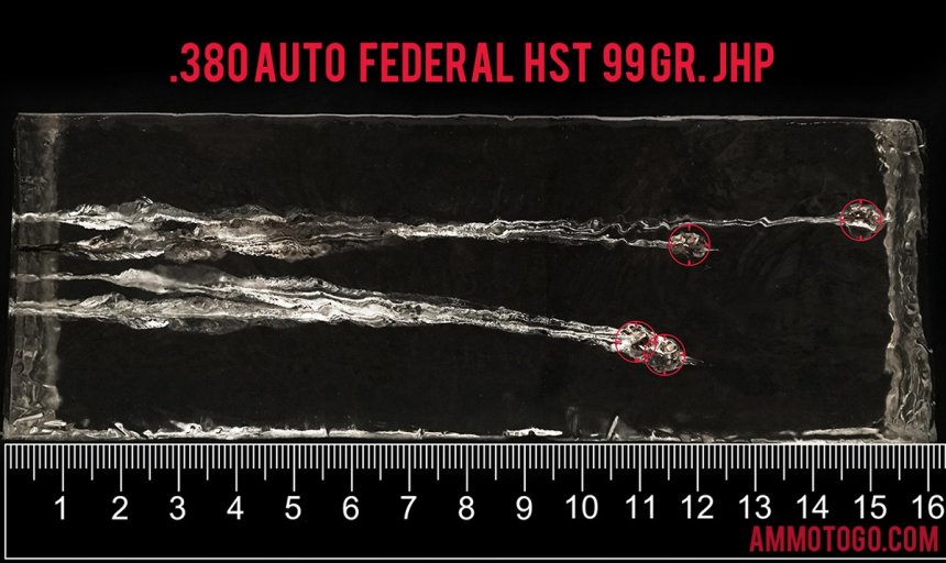 20 Rounds – 380 Auto Federal Personal Defense 99 Grain HST JHP Ammo fired into ballistic gelatin