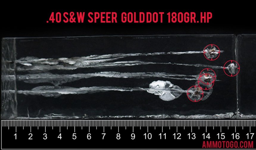 1000rds – 40 S&W Speer Gold Dot 180gr. Bonded JHP Ammo fired into ballistic gelatin
