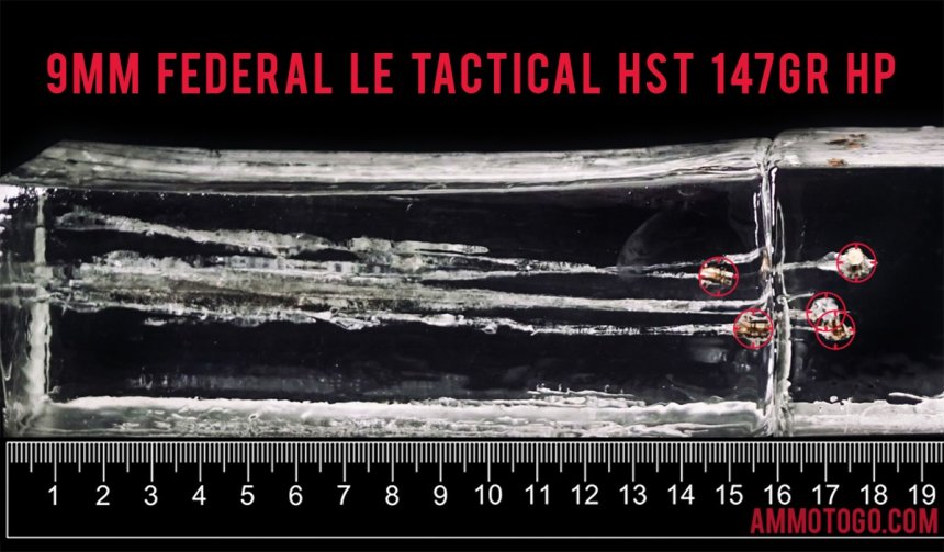 Federal Ammunition 147 Grain 9mm Luger (9x19) ammunition fired into ballistic gelatin