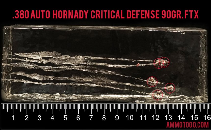 25rds - .380 Auto Hornady Critical Defense 90gr. FTX Hollow Point Ammo fired into ballistic gelatin