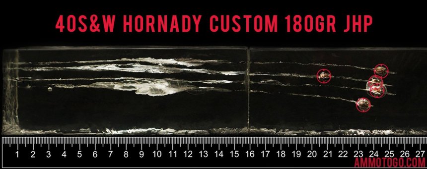 Gel test results for Hornady Ammunition 180 Grain Jacketed Hollow-Point (JHP) ammo