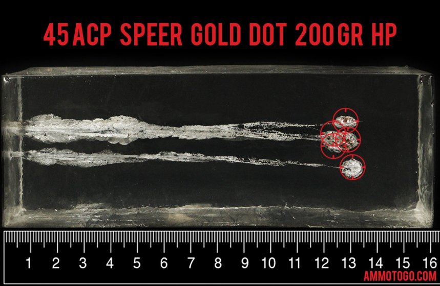 50rds - 45 ACP Speer LE Gold Dot 200gr. +P HP Ammo fired into ballistic gelatin