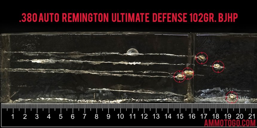 20rds - 380 Auto Remington Ultimate Defense 102gr. BJHP Ammo fired into ballistic gelatin