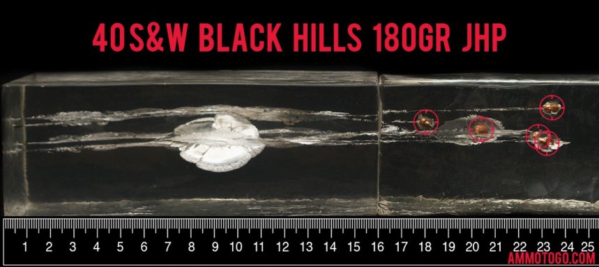  20rds – 40 S&W Black Hills 180gr. JHP Ammo fired into ballistic gelatin