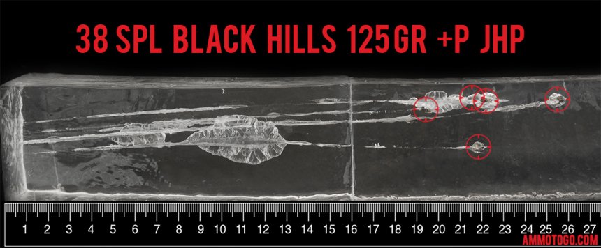 50rds - 38 Special Black Hills 125gr. +P Jacketed Hollow Point Ammo fired into ballistic gelatin