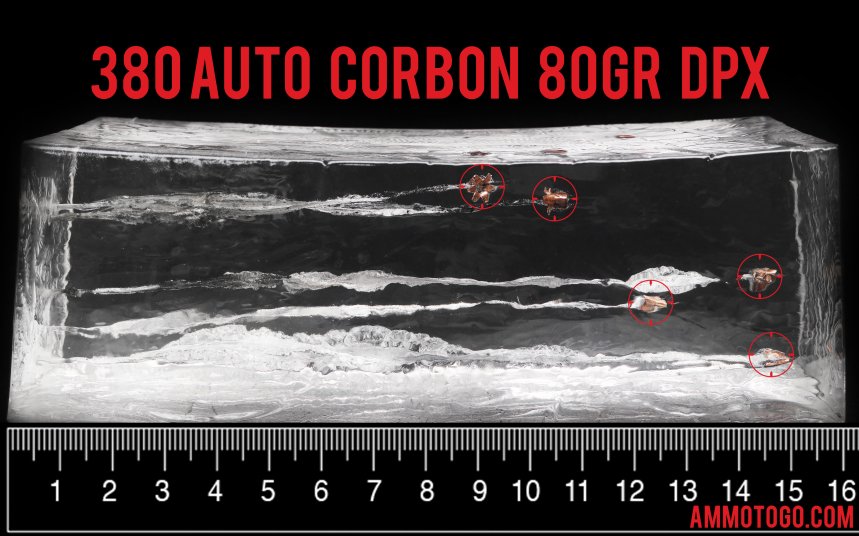 Corbon 80 Grain 380 Auto (ACP) ammunition fired into ballistic gelatin