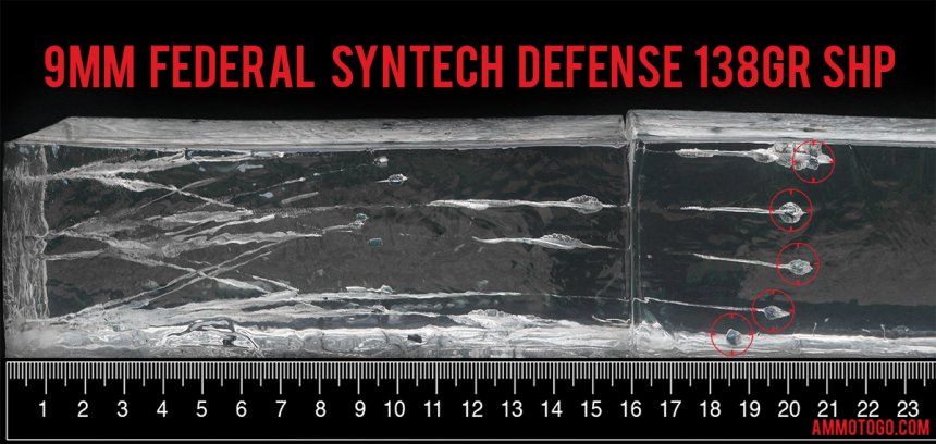 20rds – 9mm Federal Syntech Defense 138gr. SHP Ammo fired into ballistic gelatin