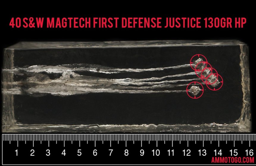 20rds - 40 S&W Magtech First Defense Justice 130gr. SCHP Ammo fired into ballistic gelatin