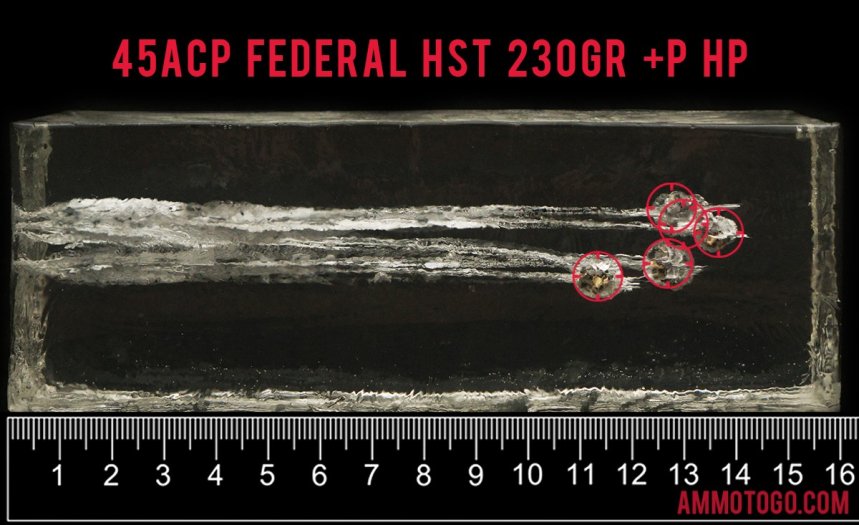 50rds - 45 ACP Federal LE Tactical HST 230gr. +P HP Ammo fired into ballistic gelatin