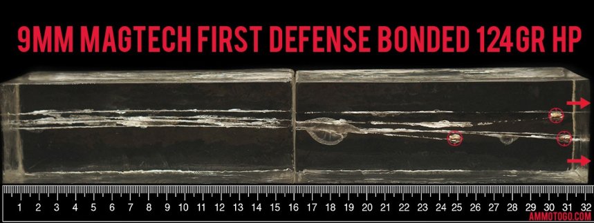 50rds – 9mm Magtech First Defense 124gr. Bonded JHP Ammo fired into ballistic gelatin