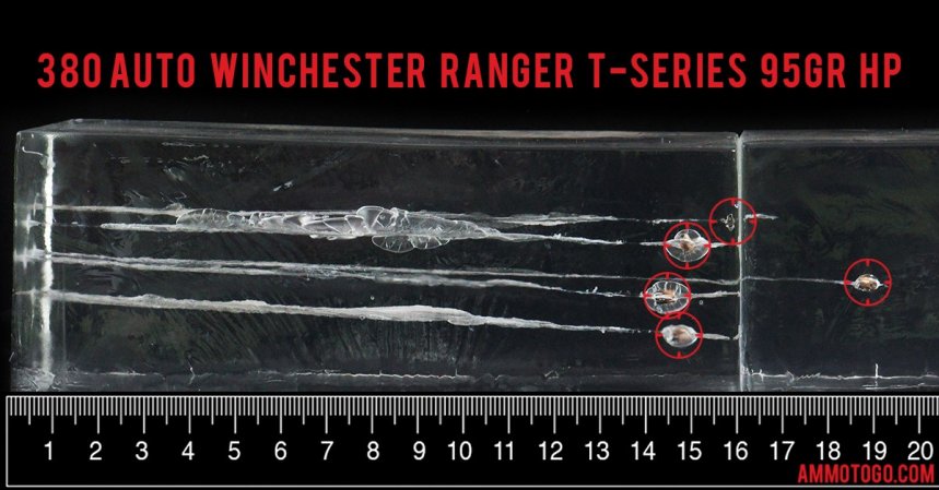 Winchester Ammunition 95 Grain 380 Auto (ACP) ammunition fired into ballistic gelatin