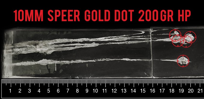 20rds - 10mm Speer Gold Dot 200gr. JHP Ammo fired into ballistic gelatin