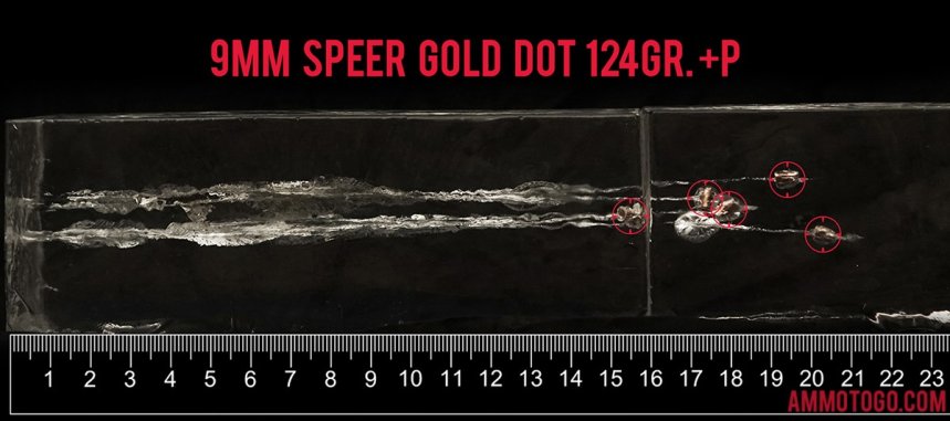 20rds – 9mm +P Speer Gold Dot 124gr. JHP Ammo fired into ballistic gelatin