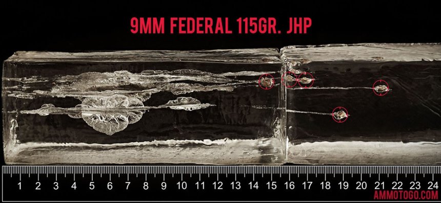 1000rds - 9mm Federal XM9001 115gr. JHP Ammo  fired into ballistic gelatin