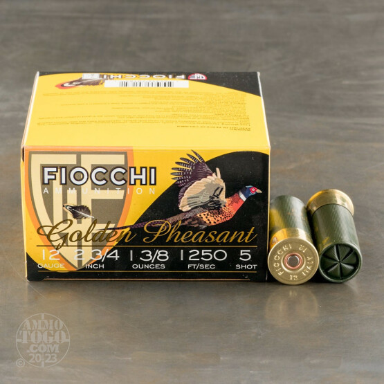 25rds - 12 Gauge Fiocchi 2 3/4" 1 3/8oz. #5 Shot Golden Pheasant Nickel Plated
