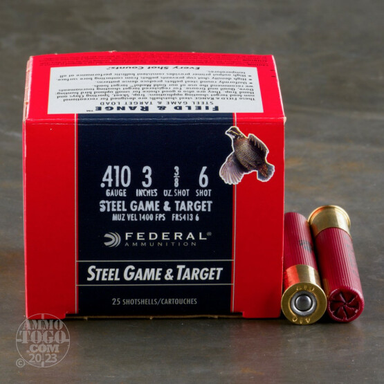 25rds - 410 Gauge Federal Steel Game & Target 3" 3/8oz. #6 Shot Ammo