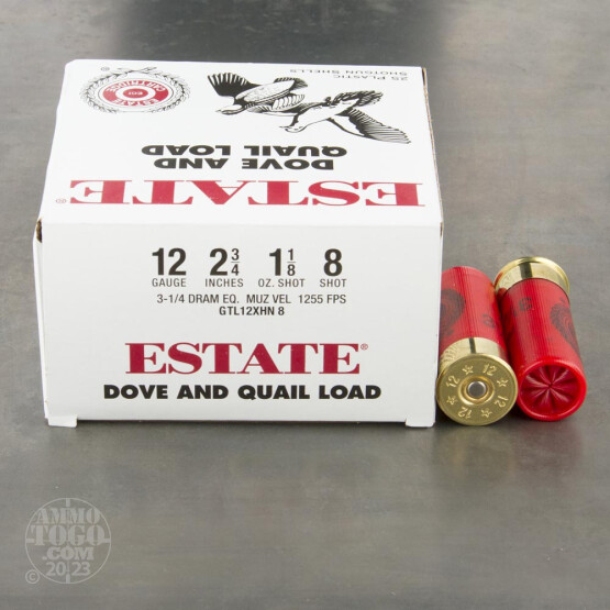 25rds - 12 Gauge Estate Dove and Quail Load 2 3/4" 3 1/4 Dram 1 1/8oz. #8 Shot Ammo