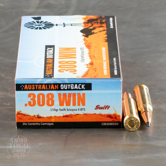 20rds – 308 Win Australian Outback 150gr. Swift Scirocco II Ammo
