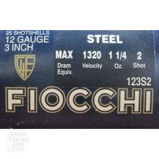 25rds - 12 Ga. Fiocchi 3" Max Dram 1 1/4oz #2 Steel Shot