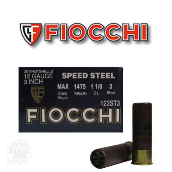 25rds - 12 Ga. Fiocchi 3" Max Dram 1 1/8oz #3 Speed Steel Shot