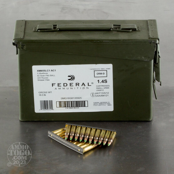 420rds – 5.56x45 Federal 62gr. FMJ XM855 Ammo on Stripper Clips in Ammo Can