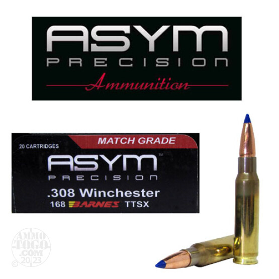 20rds - 308 ASYM Match Grade 168gr. Barnes TTSX Ammo - TARNISHED