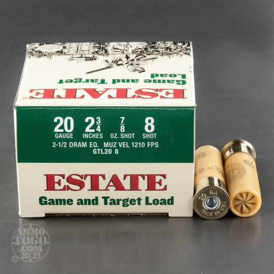 25rds - 20 Gauge Estate Game and Target 2 3/4" 2 1/2 Dram 7/8oz. #8 Shot Ammo