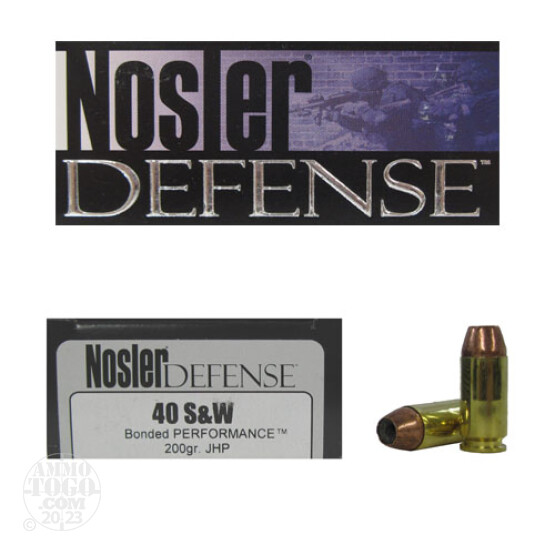 20rds - 40 S&W Nosler Defense 200gr. Bonded JHP Ammo