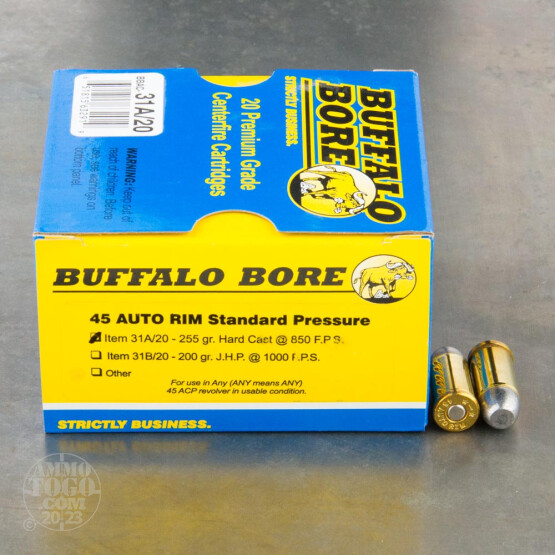 20rds - 45 Auto Rim Buffalo Bore 225gr. Standard Pressure HCFN Ammo