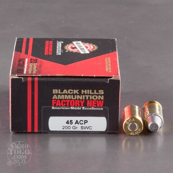20rds - 45 ACP Black Hills New Factory 200gr. SWC Ammo