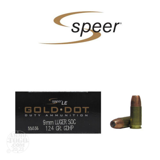 50rds - 9mm SOC Speer LE Gold Dot 124gr. GDHP Ammo