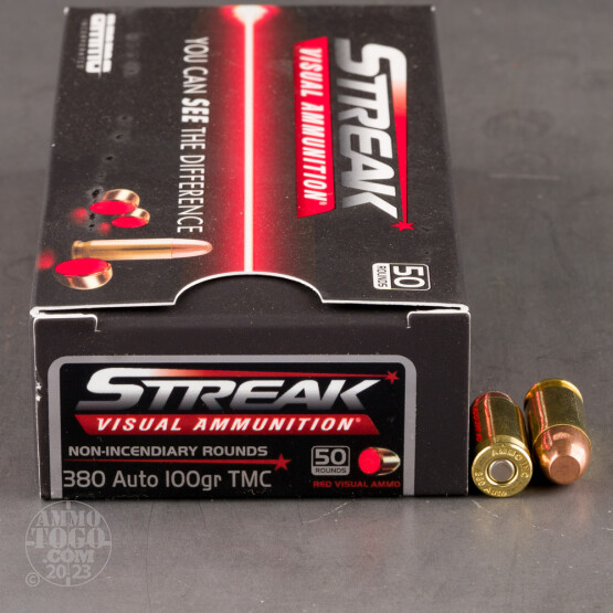 50rds – 380 Auto Ammo Inc. Streak 100gr. TMJ Non-Incendiary Visual Tracer Ammo